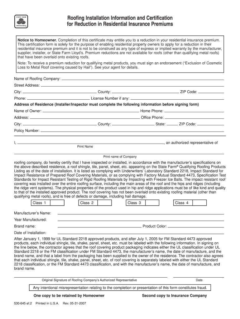 Roofing Installation Information and Certification for Reduction in Residential Insurance Premiums 2007-2025